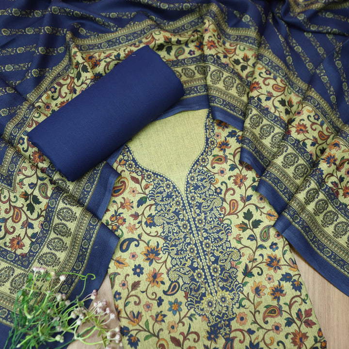 दीवानी Beige with Blue Kanni Floral Printed Work Semi Pashmina winter Set