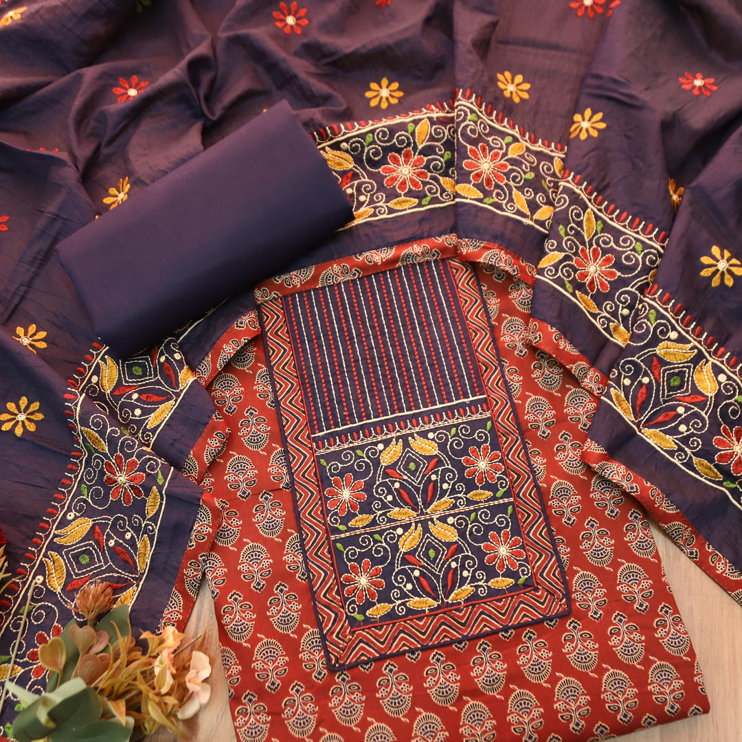 Maurya Cherry Red Kutch Fusion Embroidered Neck Yoke with Ajrak Print Cotton Set