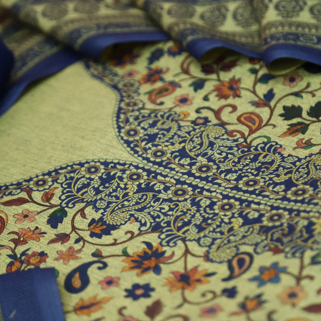 दीवानी Beige with Blue Kanni Floral Printed Work Semi Pashmina winter Set