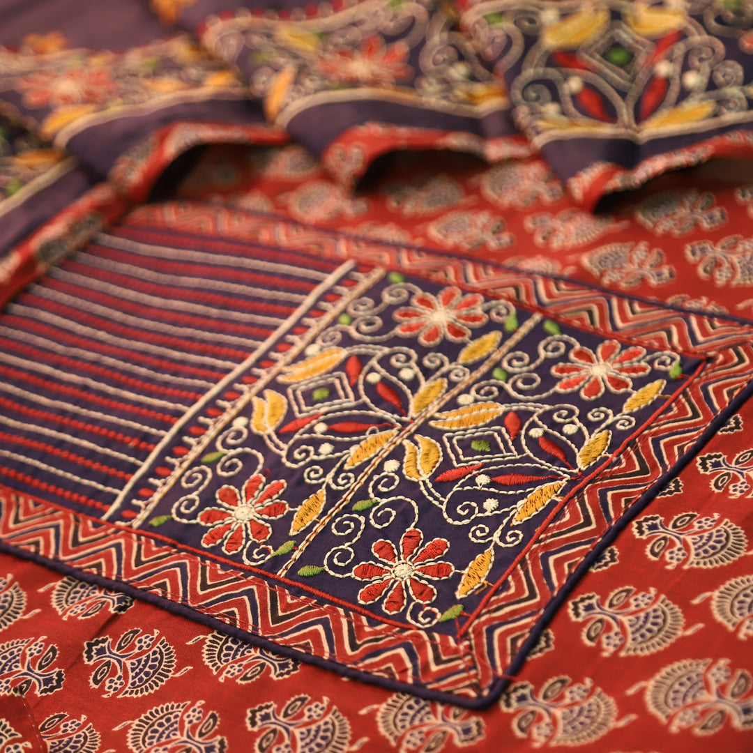 Maurya Cherry Red Kutch Fusion Embroidered Neck Yoke with Ajrak Print Cotton Set