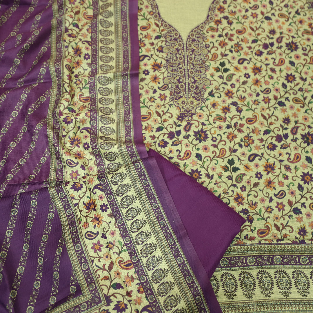 दीवानी Beige with Purple Kanni Floral Printed Work Semi Pashmina winter Set