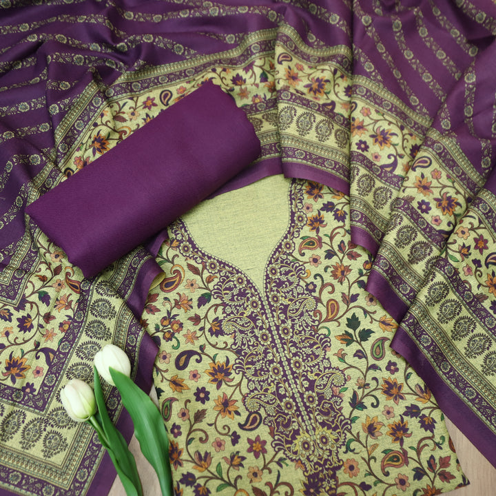 दीवानी Beige with Purple Kanni Floral Printed Work Semi Pashmina winter Set