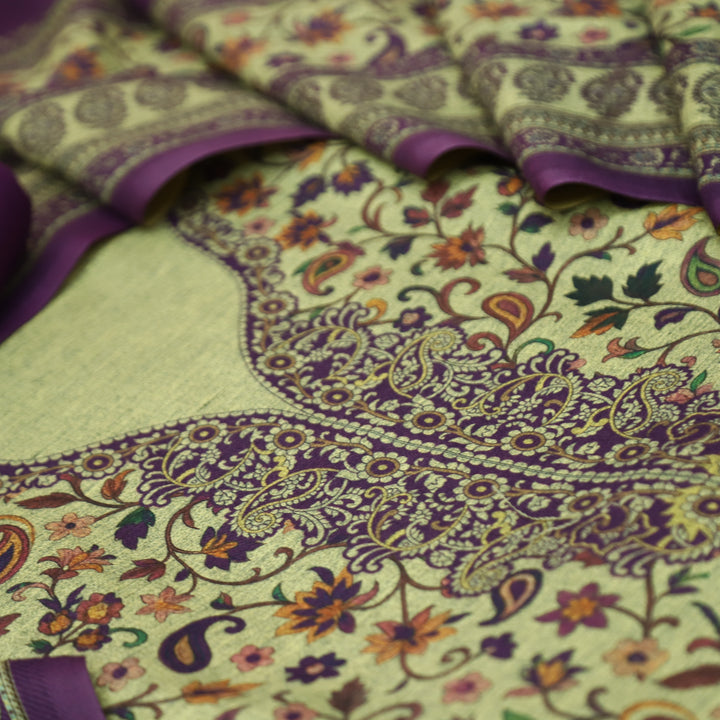 दीवानी Beige with Purple Kanni Floral Printed Work Semi Pashmina winter Set