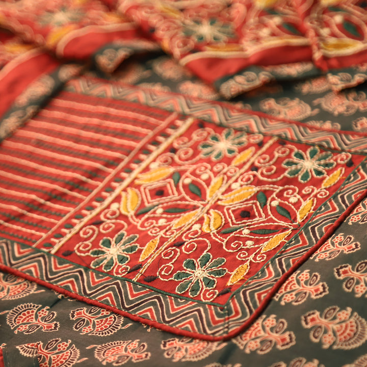 Maurya Forest Green Kutch Fusion Embroidered Neck Yoke with Ajrak Print Cotton Set