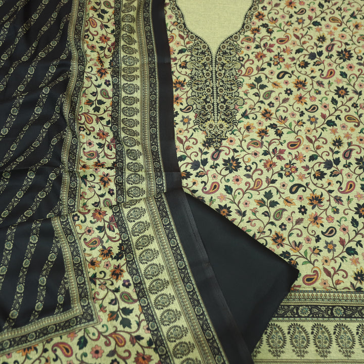 दीवानी Beige with Black Kanni Floral Printed Work Semi Pashmina winter Set