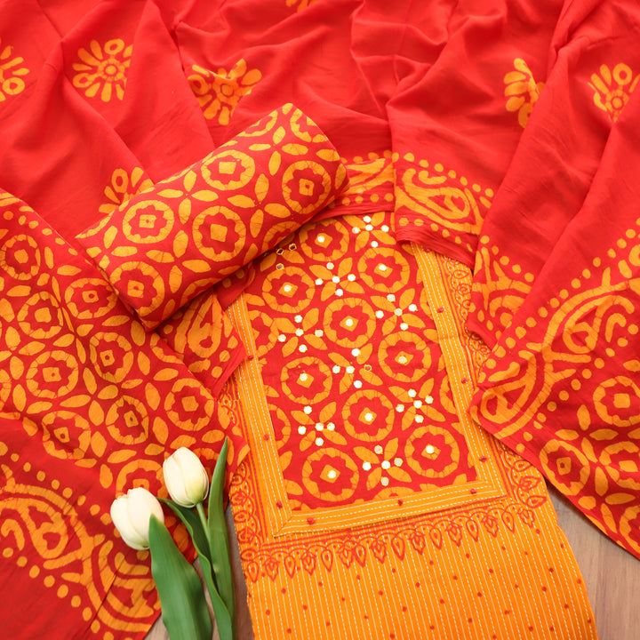 Tamanna Tangerine Orange Batik Print with Patra Work Running Stitch Cotton Set D1