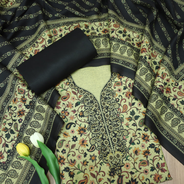 दीवानी Beige with Black Kanni Floral Printed Work Semi Pashmina winter Set