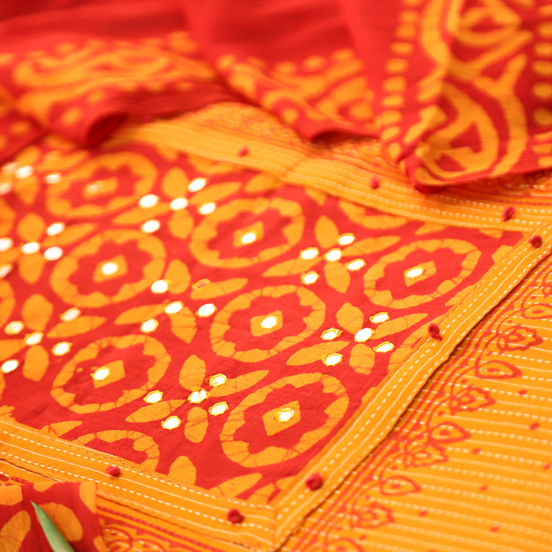Tamanna Tangerine Orange Batik Print with Patra Work Running Stitch Cotton Set D1