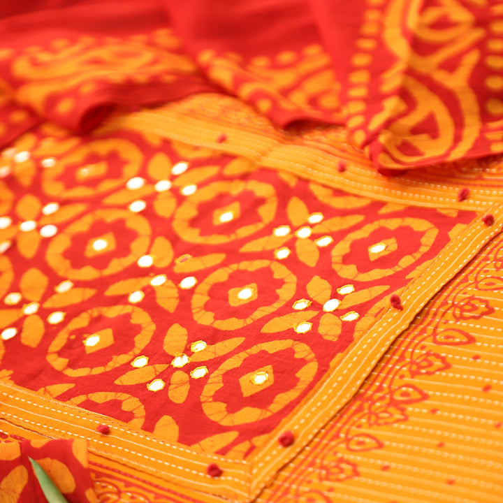 Tamanna Tangerine Orange Batik Print with Patra Work Running Stitch Cotton Set D1
