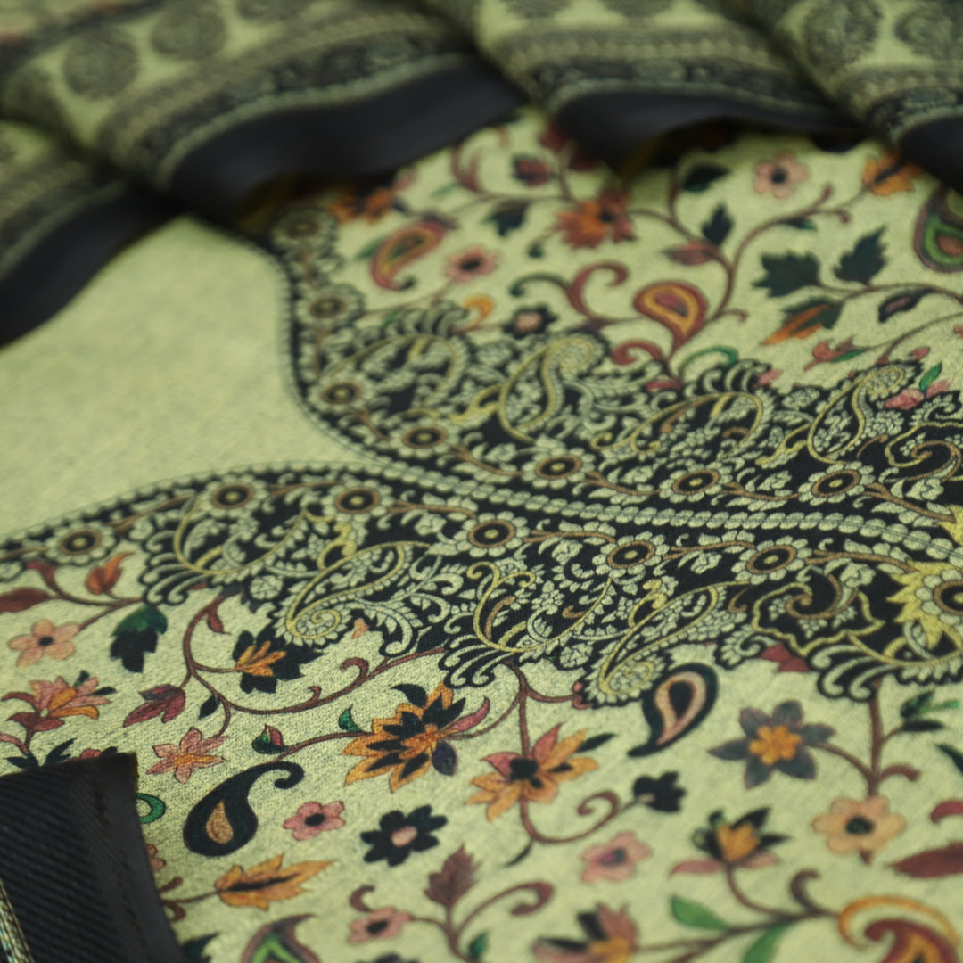 दीवानी Beige with Black Kanni Floral Printed Work Semi Pashmina winter Set