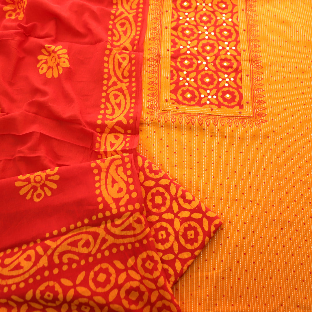 Tamanna Tangerine Orange Batik Print with Patra Work Running Stitch Cotton Set D1