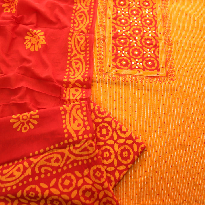 Tamanna Tangerine Orange Batik Print with Patra Work Running Stitch Cotton Set D1