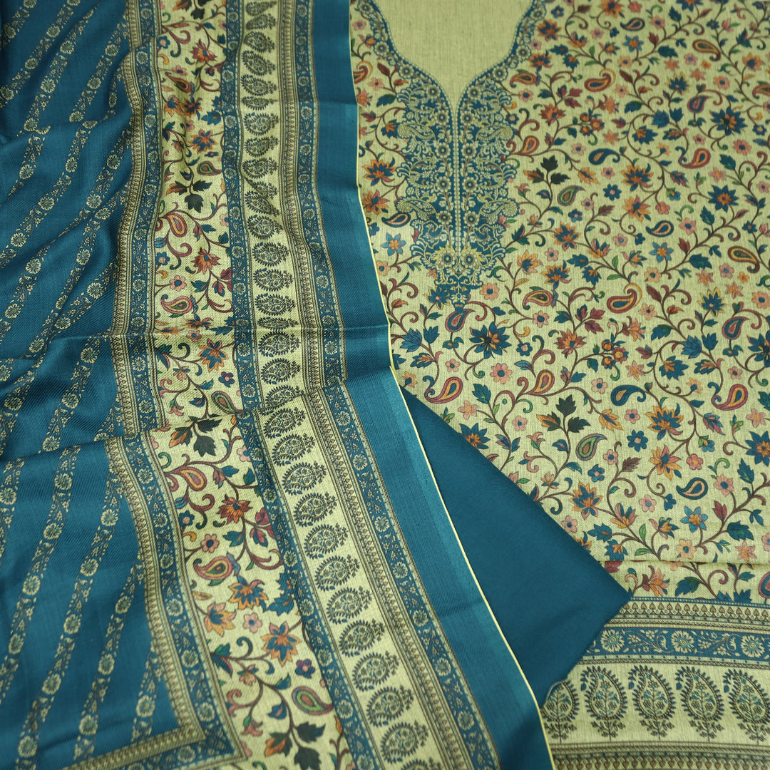 दीवानी Beige with Teal Kanni Floral Printed Work Semi Pashmina winter Set