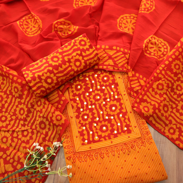 Tamanna Tangerine Orange Batik Print with Patra Work Running Stitch Cotton Set D2