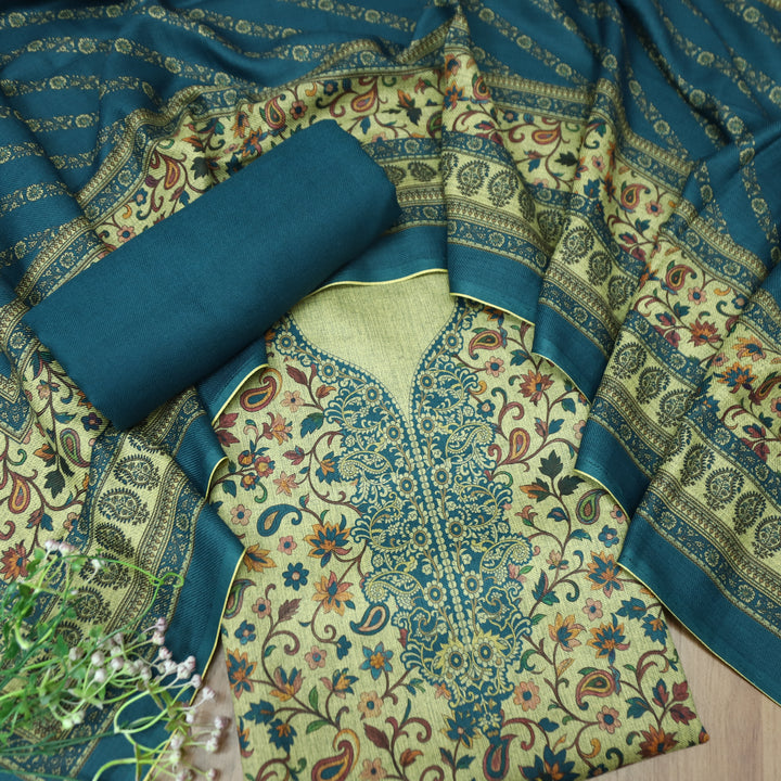 दीवानी Beige with Teal Kanni Floral Printed Work Semi Pashmina winter Set