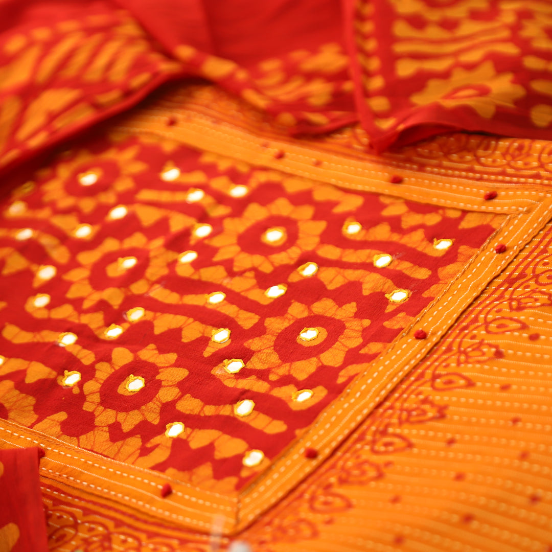 Tamanna Tangerine Orange Batik Print with Patra Work Running Stitch Cotton Set D2