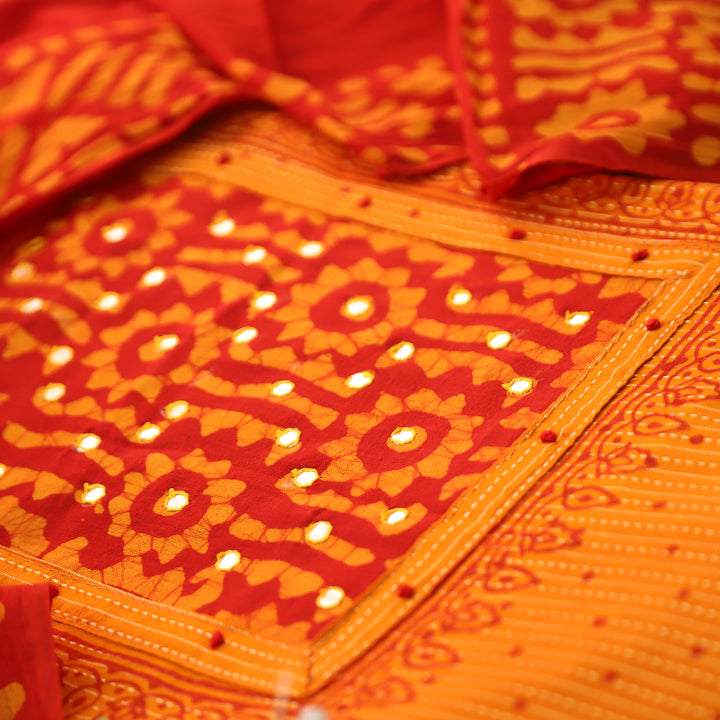Tamanna Tangerine Orange Batik Print with Patra Work Running Stitch Cotton Set D2