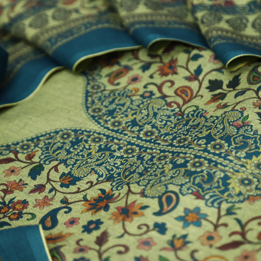 दीवानी Beige with Teal Kanni Floral Printed Work Semi Pashmina winter Set