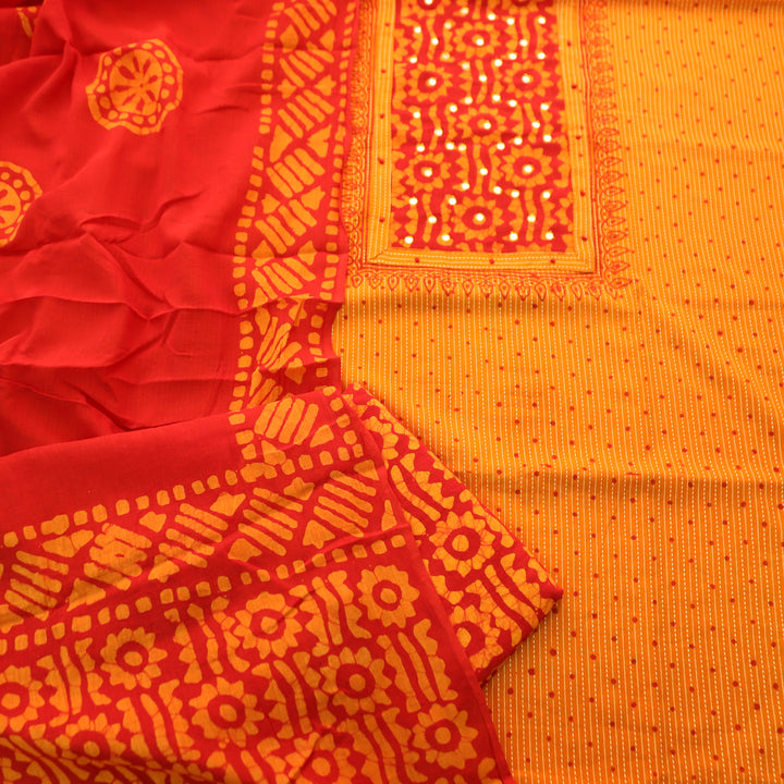 Tamanna Tangerine Orange Batik Print with Patra Work Running Stitch Cotton Set D2