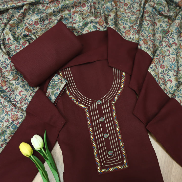 श्रीनारी Dark Maroon Unique Thread and Button style Semi Pashmina Set