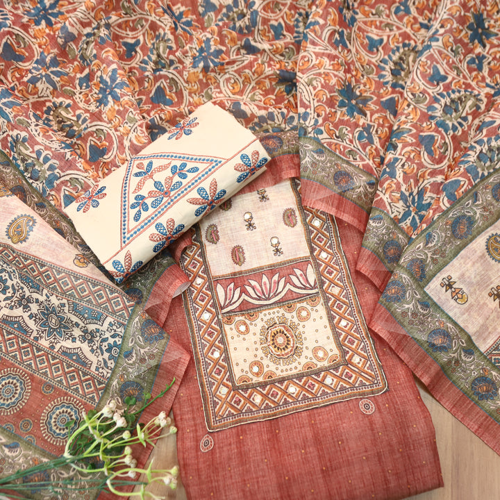 Anokhi Mauve PInk Moti wih Chain Style Zari Digital Printed Yoke Cotton Linen Set