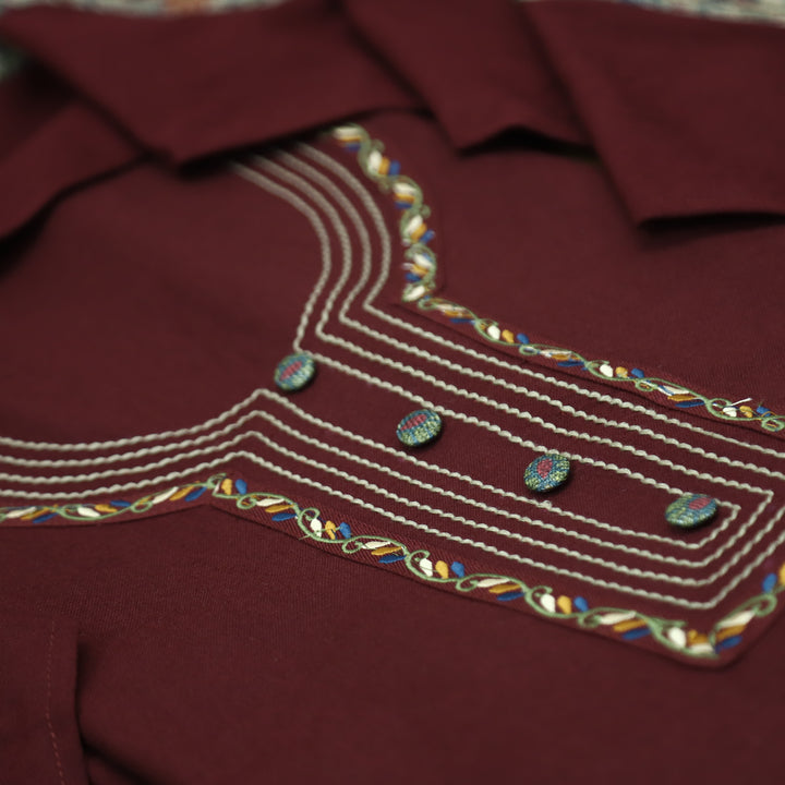 श्रीनारी Dark Maroon Unique Thread and Button style Semi Pashmina Set