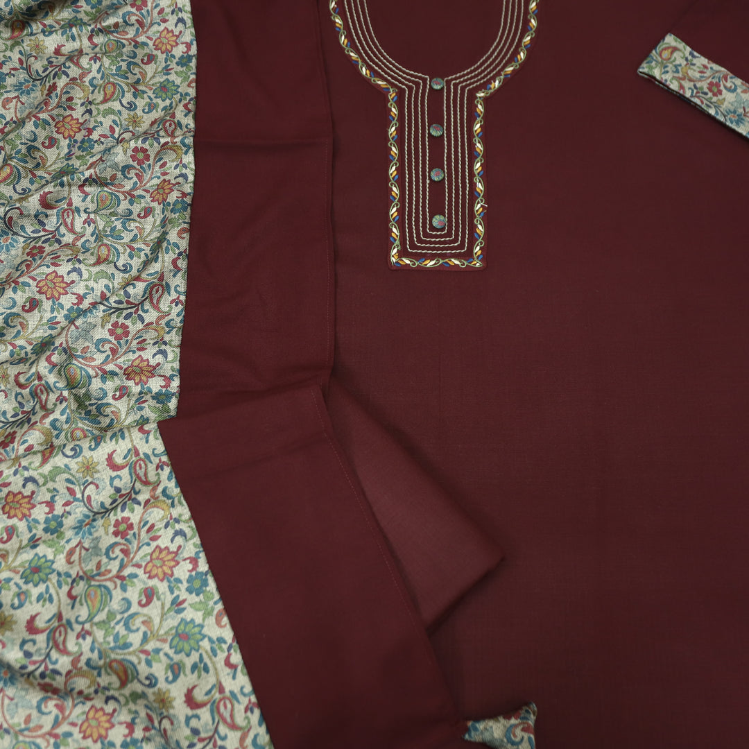 श्रीनारी Dark Maroon Unique Thread and Button style Semi Pashmina Set