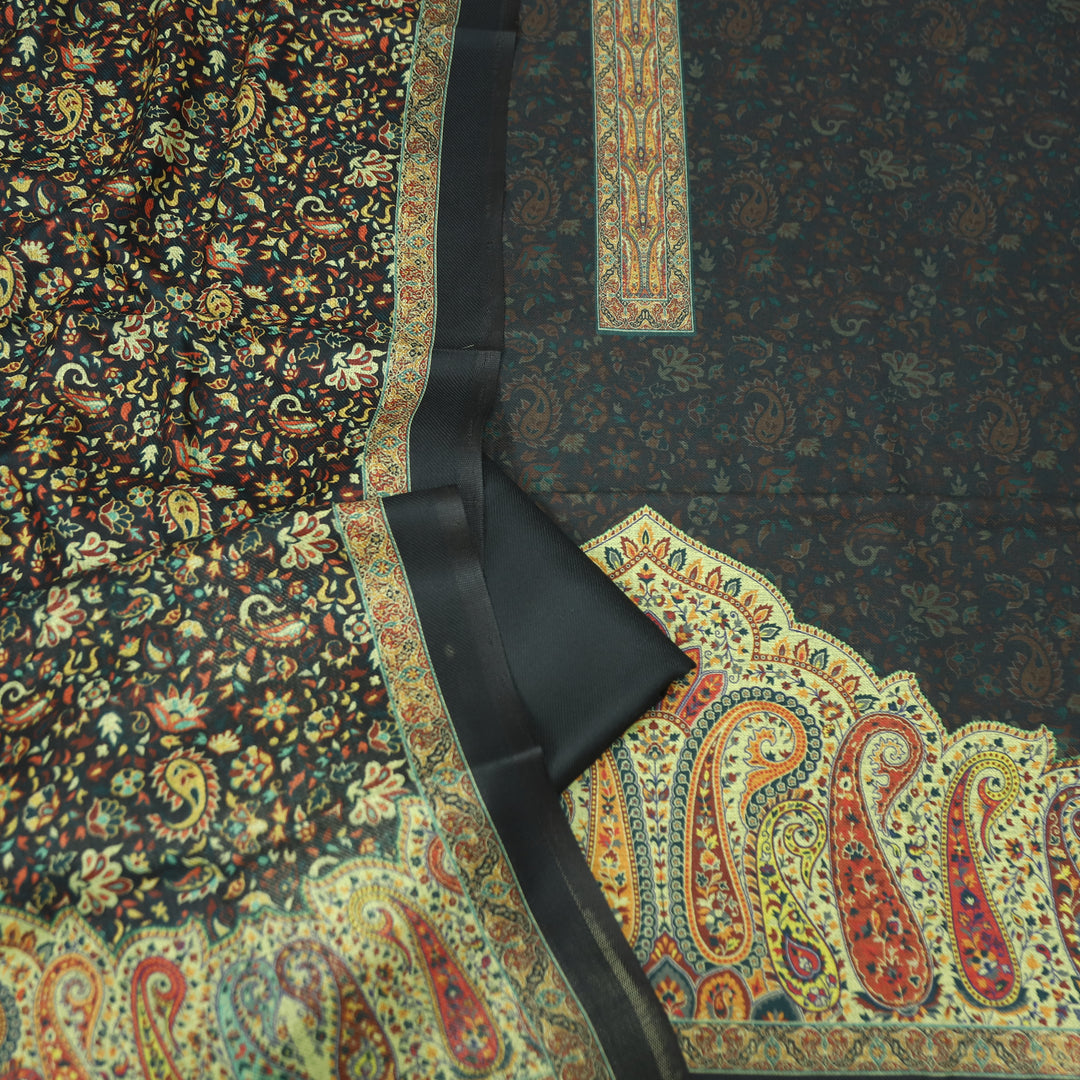 Maharani Black Self Digital Printed with Paisley Print Hem Semi Pashmina Winter Set