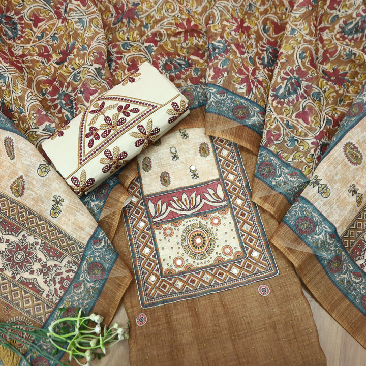 Anokhi Peanut Brown Moti wih Chain Style Zari Digital Printed Yoke Cotton Linen Set