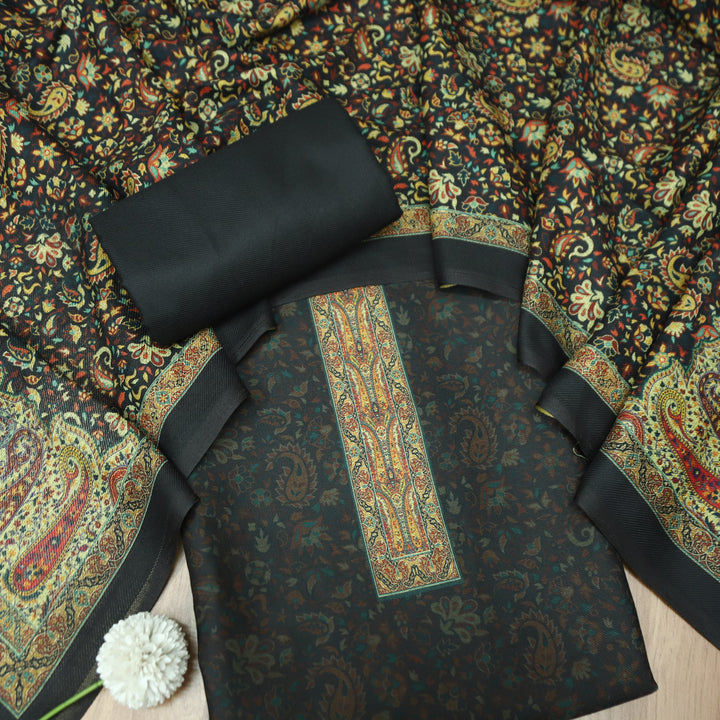 Maharani Black Self Digital Printed with Paisley Print Hem Semi Pashmina Winter Set