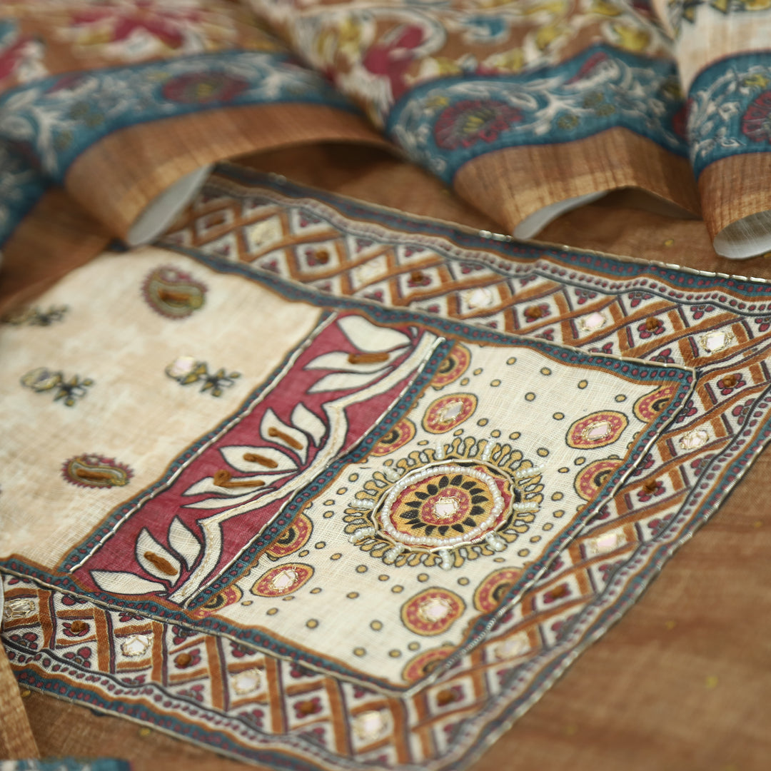 Anokhi Peanut Brown Moti wih Chain Style Zari Digital Printed Yoke Cotton Linen Set