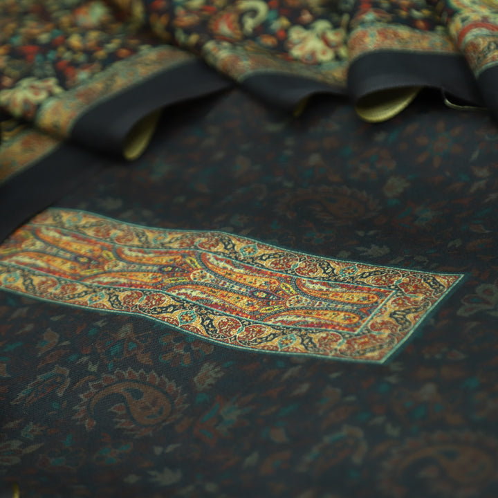 Maharani Black Self Digital Printed with Paisley Print Hem Semi Pashmina Winter Set
