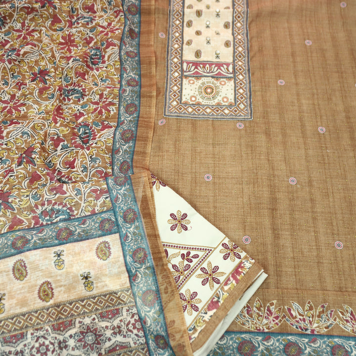 Anokhi Peanut Brown Moti wih Chain Style Zari Digital Printed Yoke Cotton Linen Set