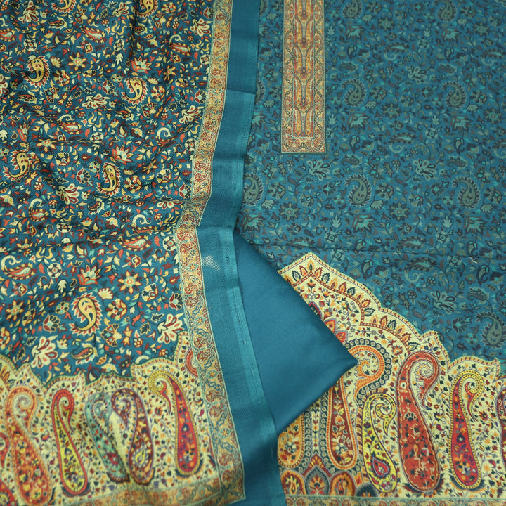Maharani Cerulean Teal Digital Printed with Paisley Print Hem Semi Pashmina Winter Set