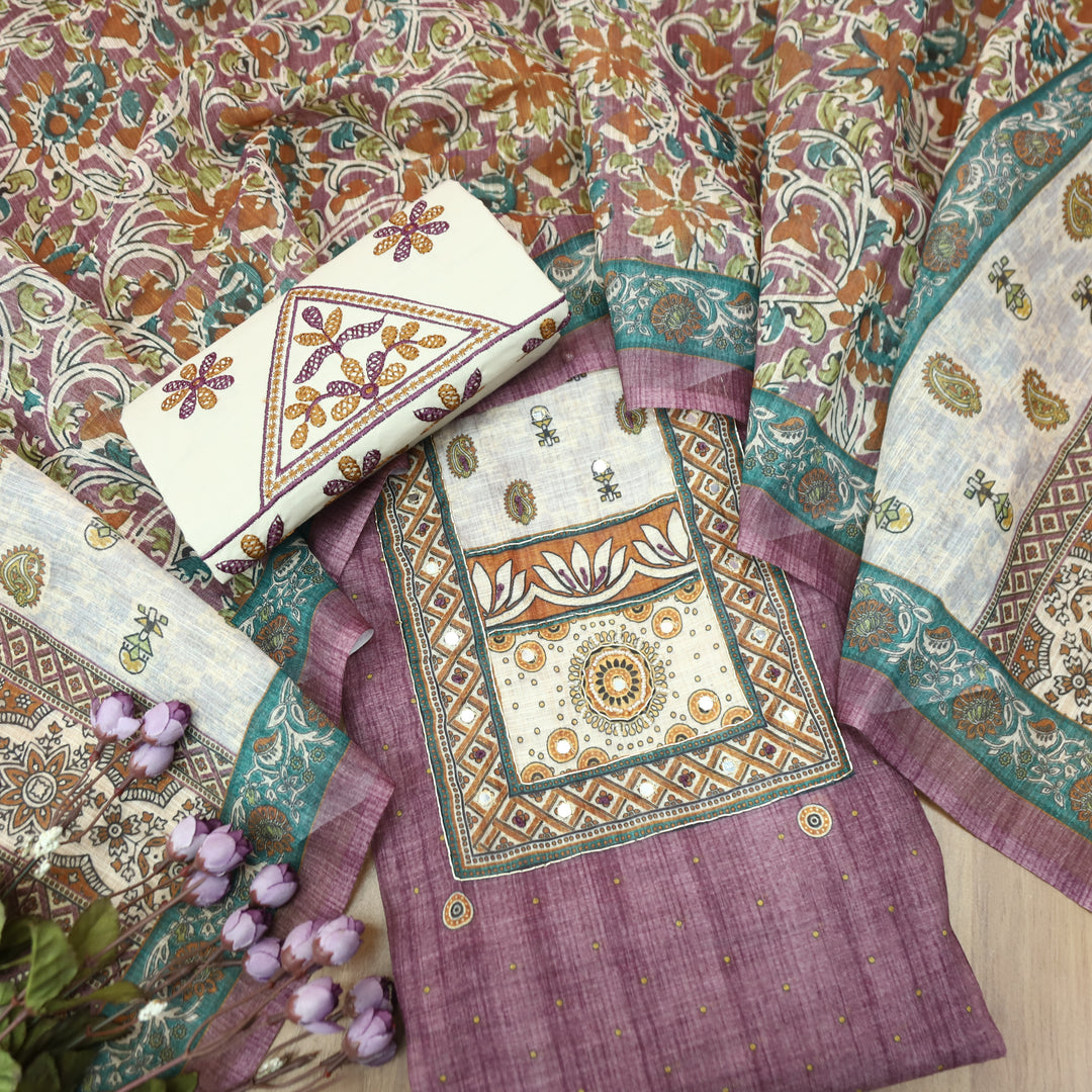 Anokhi Mulberry Purple Moti wih Chain Style Zari Digital Printed Yoke Cotton Linen Set
