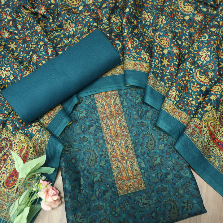 Maharani Cerulean Teal Digital Printed with Paisley Print Hem Semi Pashmina Winter Set