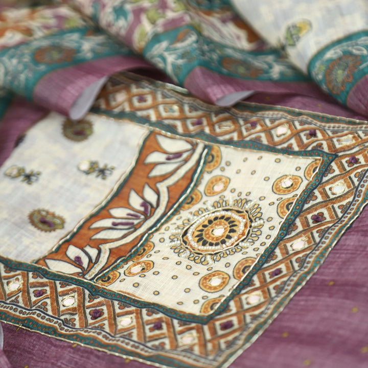 Anokhi Mulberry Purple Moti wih Chain Style Zari Digital Printed Yoke Cotton Linen Set