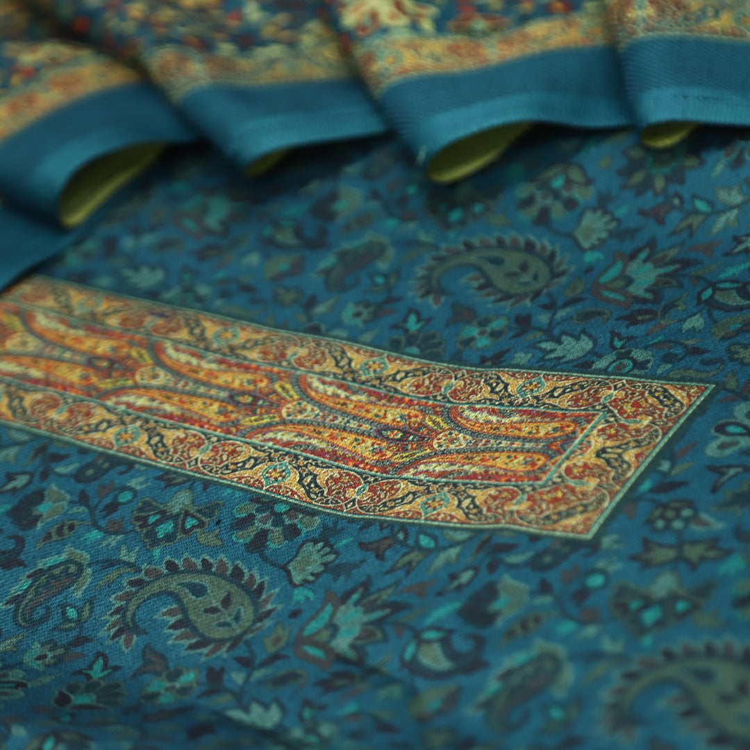Maharani Cerulean Teal Digital Printed with Paisley Print Hem Semi Pashmina Winter Set
