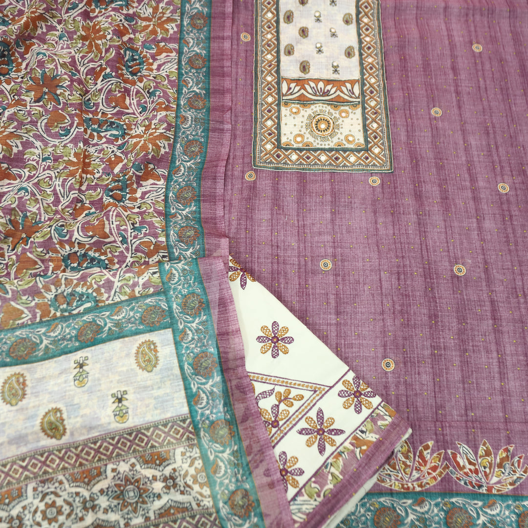 Anokhi Mulberry Purple Moti wih Chain Style Zari Digital Printed Yoke Cotton Linen Set