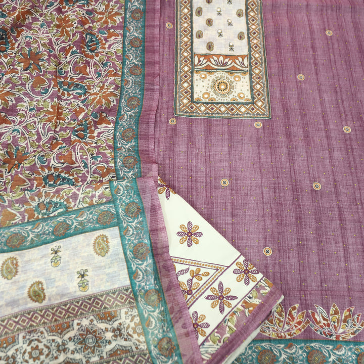 Anokhi Mulberry Purple Moti wih Chain Style Zari Digital Printed Yoke Cotton Linen Set