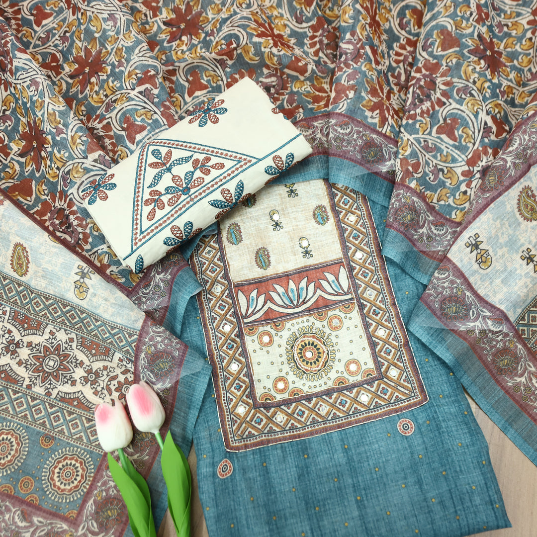 Anokhi Aqua Teal Moti wih Chain Style Zari Digital Printed Yoke Cotton Linen Set