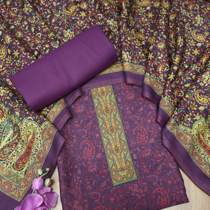 Maharani Vibrant Purple Digital Printed with Paisley Print Hem Semi Pashmina Winter Set