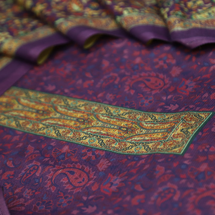 Maharani Vibrant Purple Digital Printed with Paisley Print Hem Semi Pashmina Winter Set