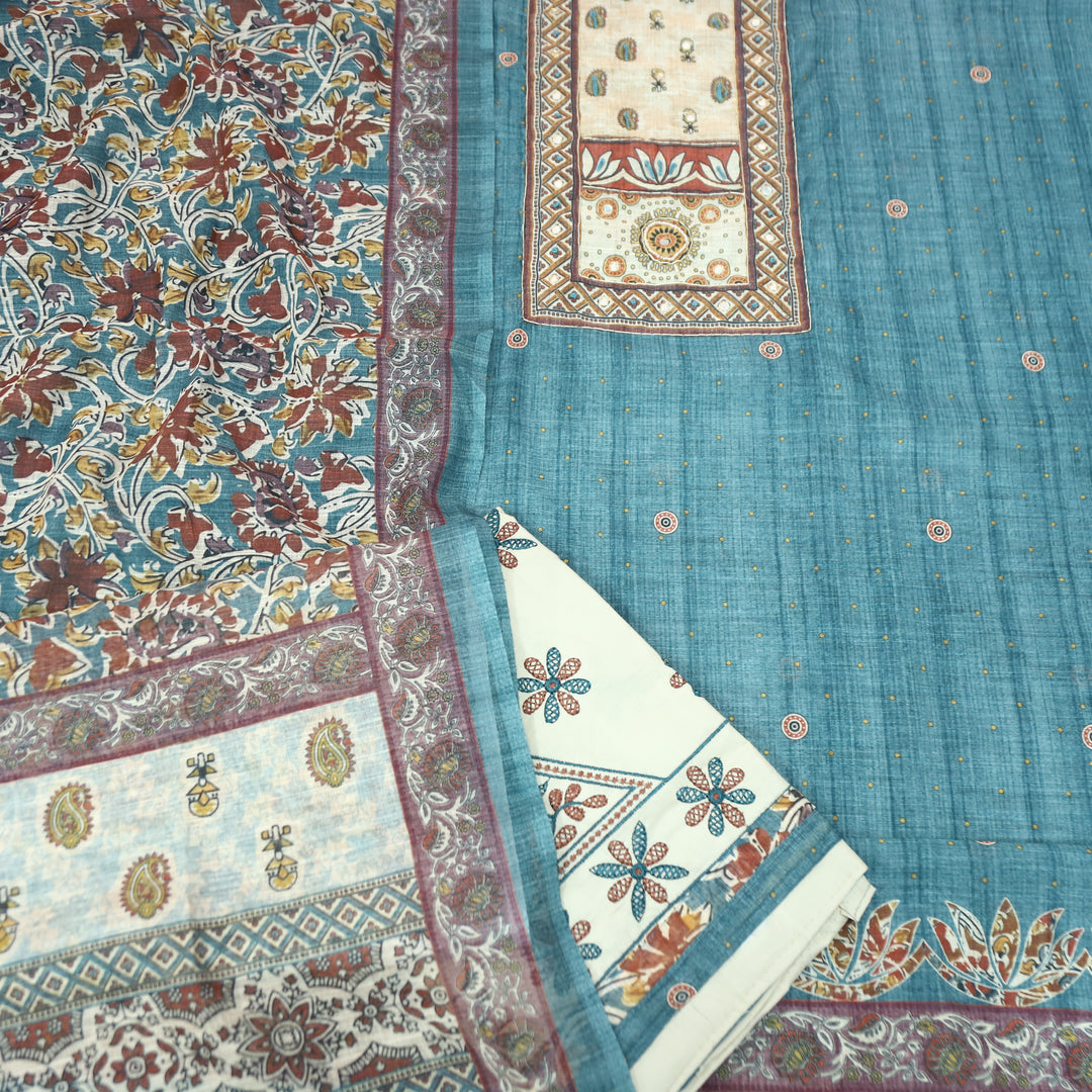 Anokhi Aqua Teal Moti wih Chain Style Zari Digital Printed Yoke Cotton Linen Set