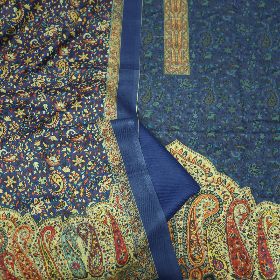 Maharani Royal Blue Digital Printed with Paisley Print Hem Semi Pashmina Winter Set