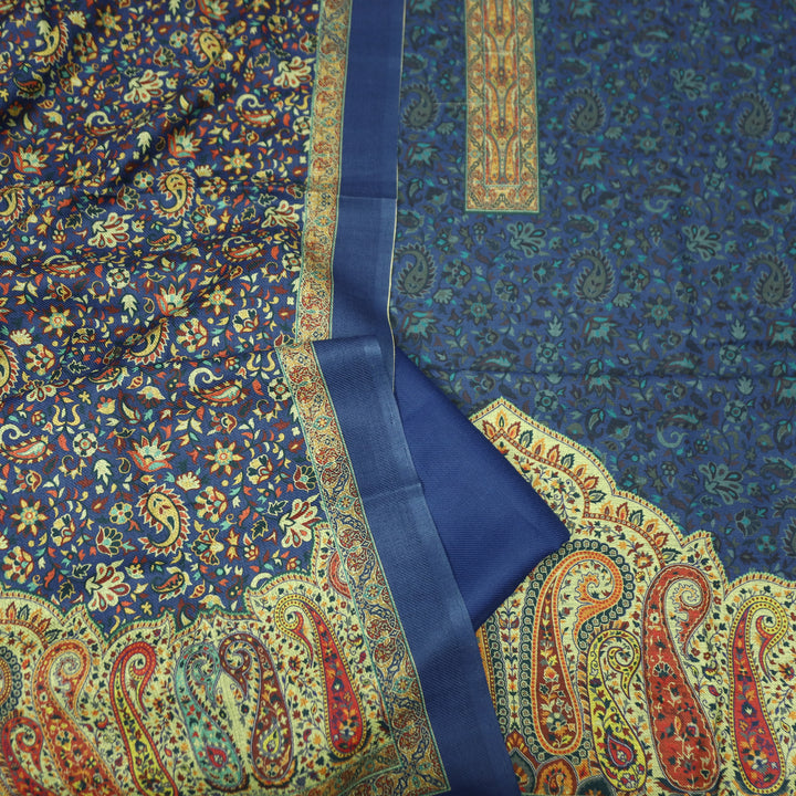 Maharani Royal Blue Digital Printed with Paisley Print Hem Semi Pashmina Winter Set
