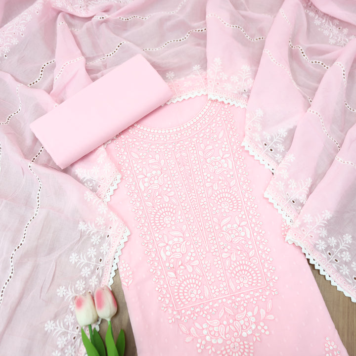Ishqiya Candy Pink Chikankari Inspired Neck Thread Work Dobby Cotton Suit Set