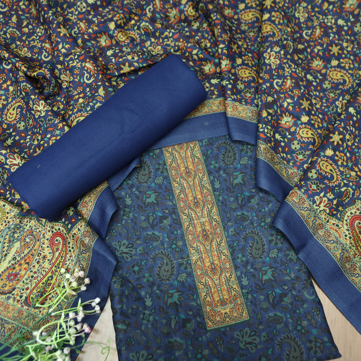 Maharani Royal Blue Digital Printed with Paisley Print Hem Semi Pashmina Winter Set