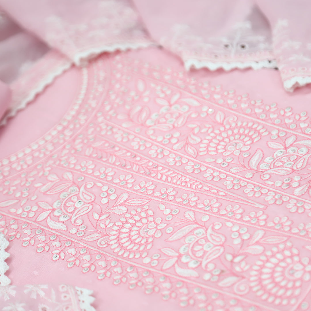 Ishqiya Candy Pink Chikankari Inspired Neck Thread Work Dobby Cotton Suit Set