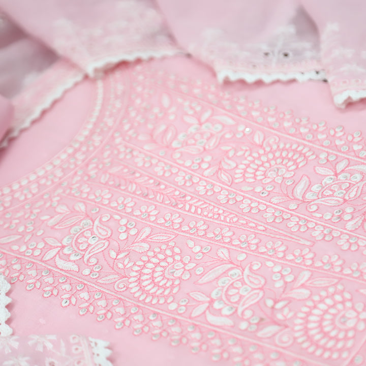 Ishqiya Candy Pink Chikankari Inspired Neck Thread Work Dobby Cotton Suit Set